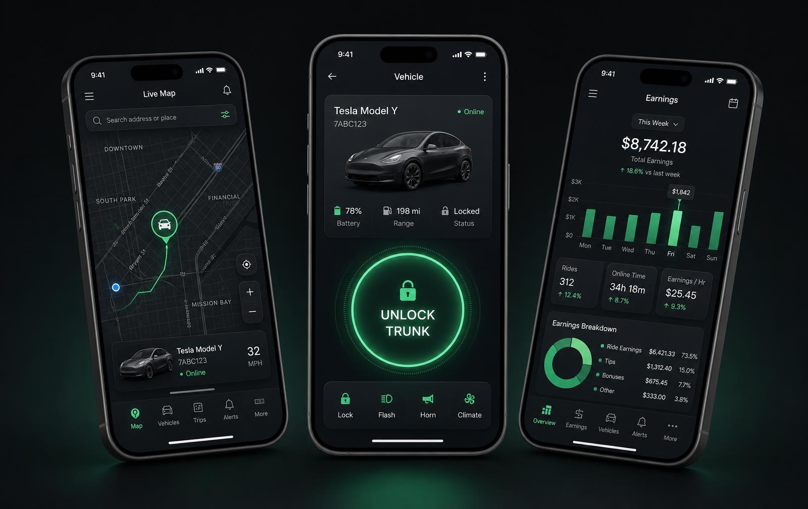 Prompt 2 Go app screens: live map, unlock trunk control, and earnings dashboard