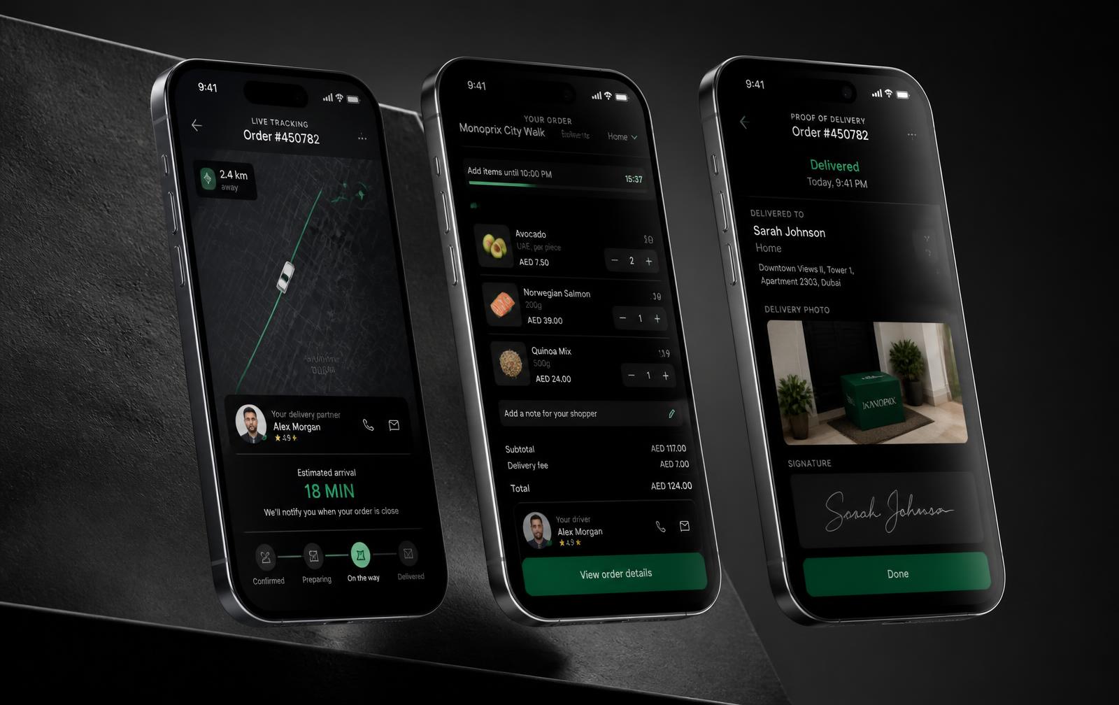 Prompt 2 Go Deliver app screens: live courier tracking, order basket, and proof of delivery