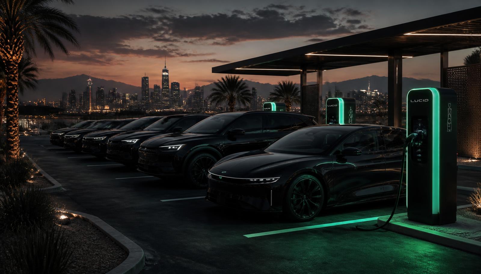 Premium all-electric fleet charging at a desert-city EV hub at dusk