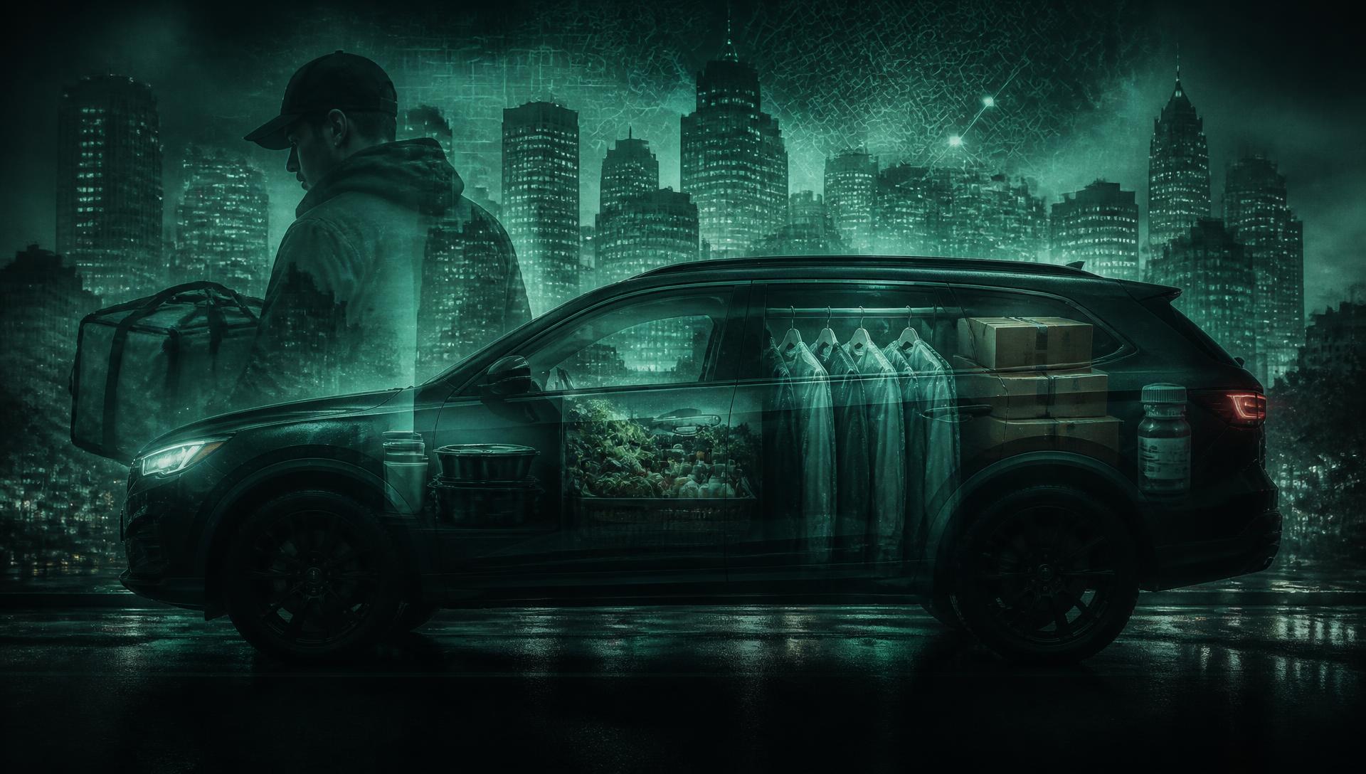 Delivery vehicle at night in double exposure with food, groceries, garments, parcels and prescriptions